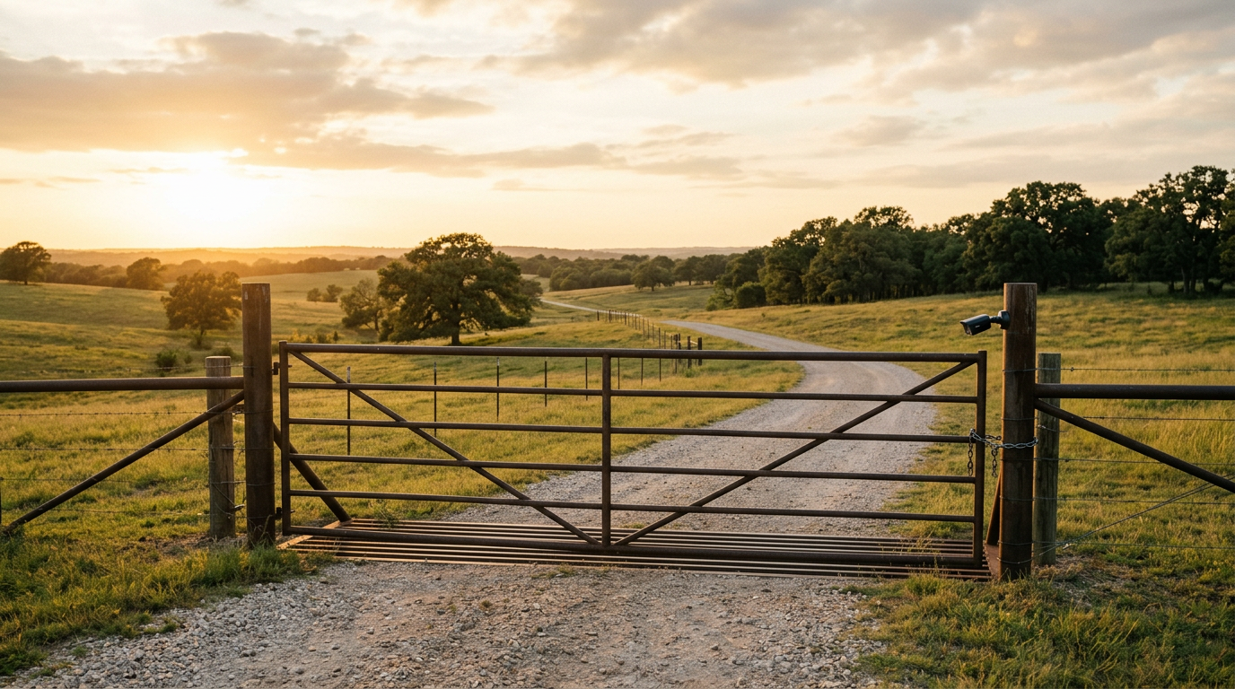 A ranch gate with a security camera at golden hour